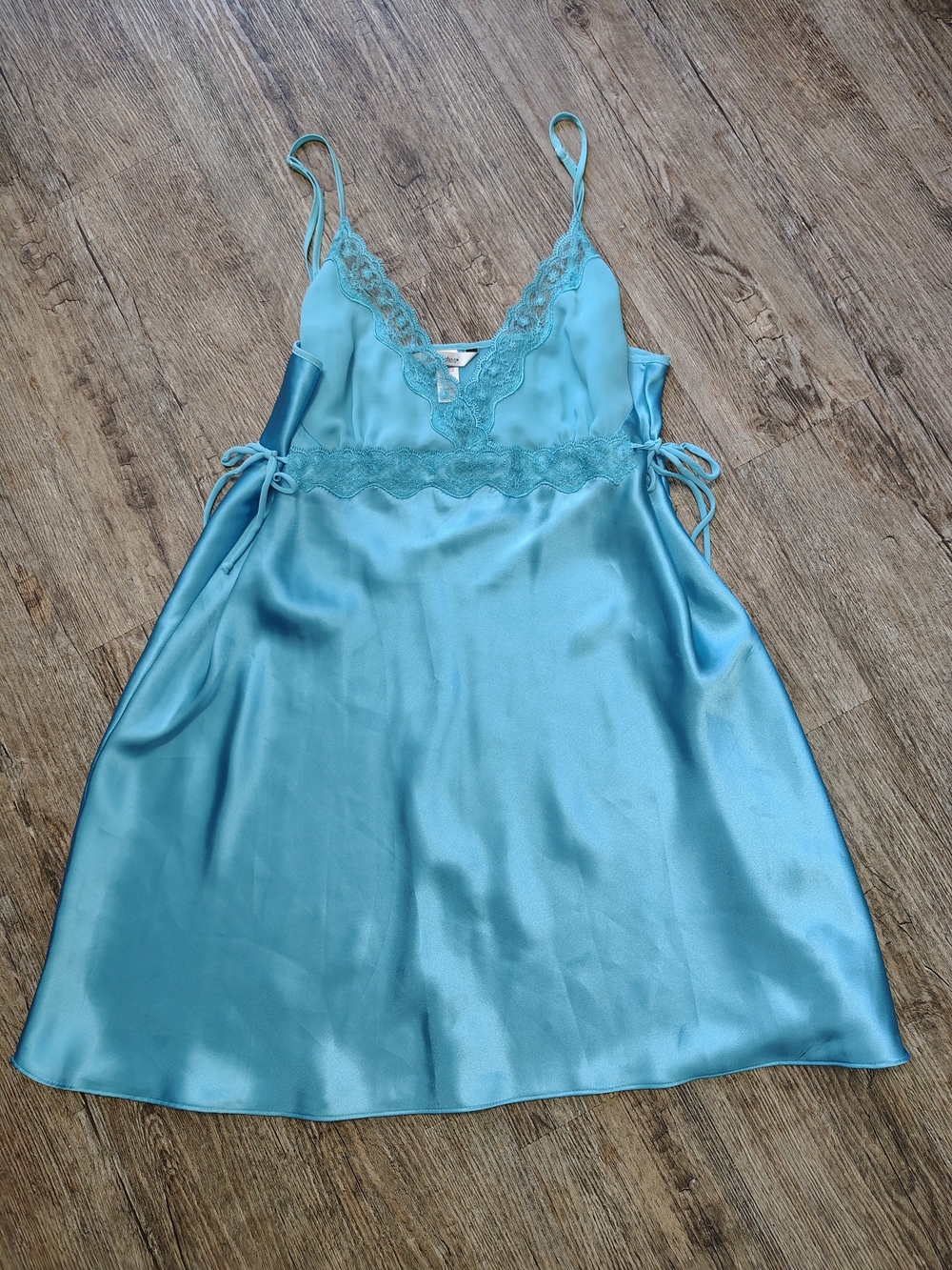 Delicates Teal Satin Lace-Trim Slip Dress Chemise XL Sexy Romantic Side Ties